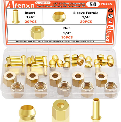 50PCS 1/4'' Brass Compression Fittings Assortment Kit for Air, Fuel, Water, Oil L