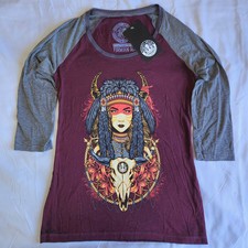 Secret Artist By Affliction Bull Head Women's SM Maroon Red 3/4 Graphic T-Shirt