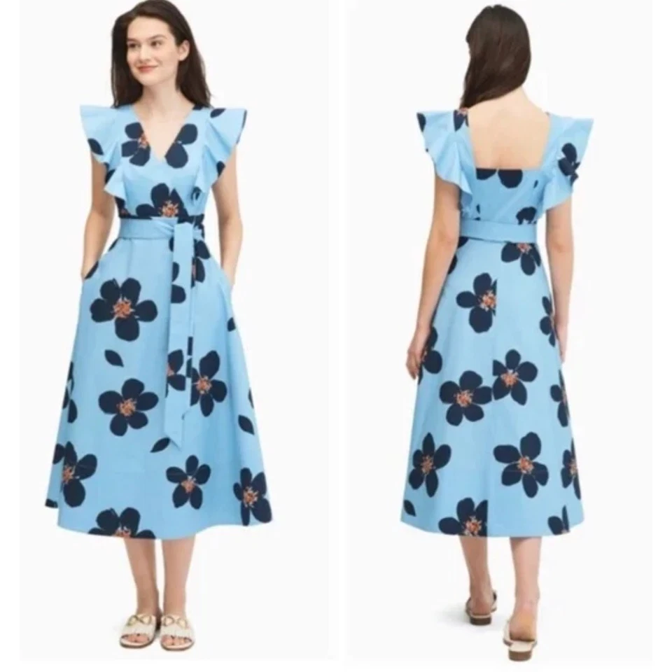 Vestido midi Kate Spade New York Grand Flora popelina para mujer 2 azules manga acampanada Foto 2 de 4