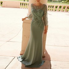 Grey Green Phantom Neckline Mermaid Evening Gowns Pleated Beaded Lace Dresses