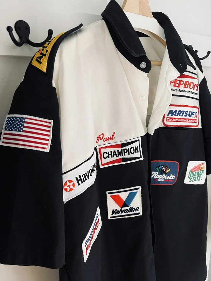 Vintage Simpson Button Shirt Racing Patches 50/50 USA L Pit Crew Bowling 70s 80s - Image 3 of 4