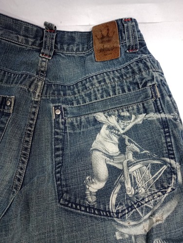 JNCO Jean Shorts BMX Bike City Graphic Boys Sz 20 Vtg 90s Y2K Baggy Wide Mens 28 - Picture 3 of 24