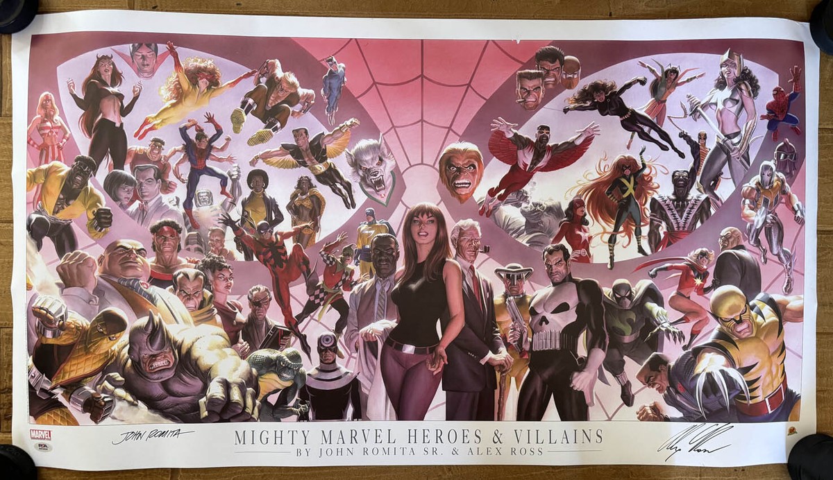 Alex Ross John Romita Sr SIGNED AUTOGRAPHED 36x21 Marvel Heroes