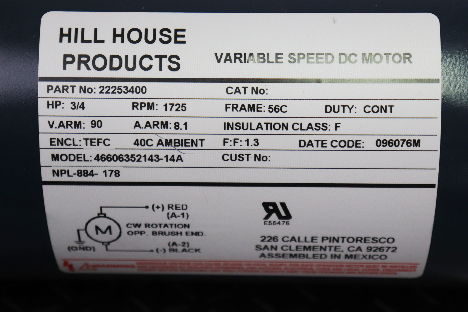 Hill House 46606352143-14A 3/4 HP 90V Frame 56C Variable Speed Dc 