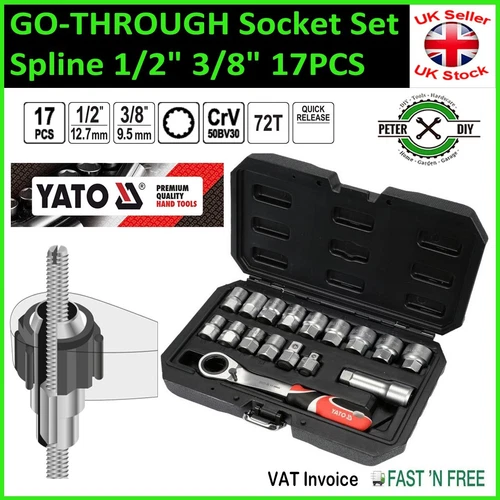 GO-THROUGH Socket Set Ratchet Spline 1/2" 3/8" Double Hex 17 PCS YATO YT-38653