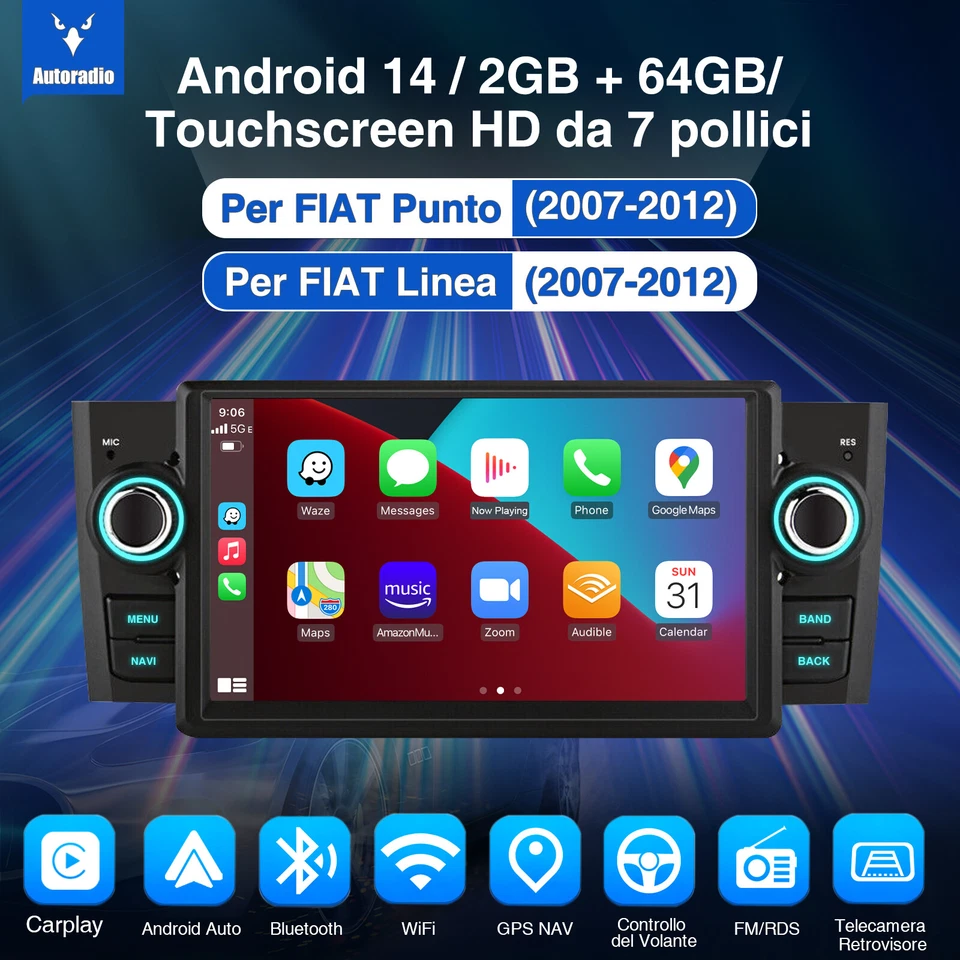 Android 14 Autoradio Carplay Per Fiat Grande Punto Linea 2007-2012 GPS Navi WIFI - Immagine 2 di 4