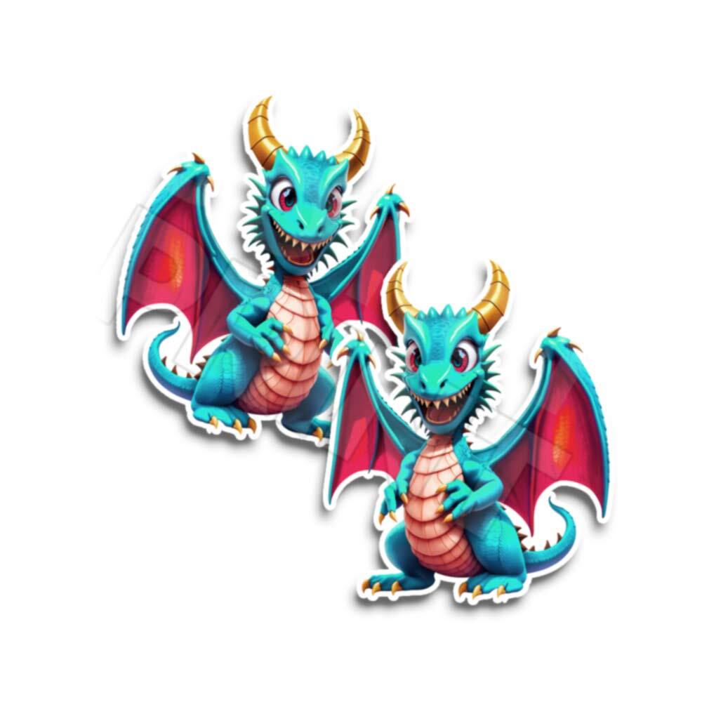 Teal Red Grinning Dragon Decal Sticker Set for Truck Window Bumper 2 Pack-image
