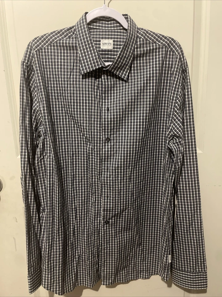 Camisa con botones Armani Collezioni para hombre talla XL azul blanco manga larga Foto 2 de 4