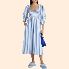 Ganni Striped Cotton Smock Midi Dress