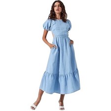 ASTR The Label Jelena Dress Blue Linen Blend Back Cutout Puff Sleeve Midi Small