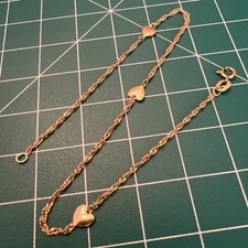 AURAFIN 14K Yellow Gold Singapore Chain Heart Station Anklet Bracelet 9”