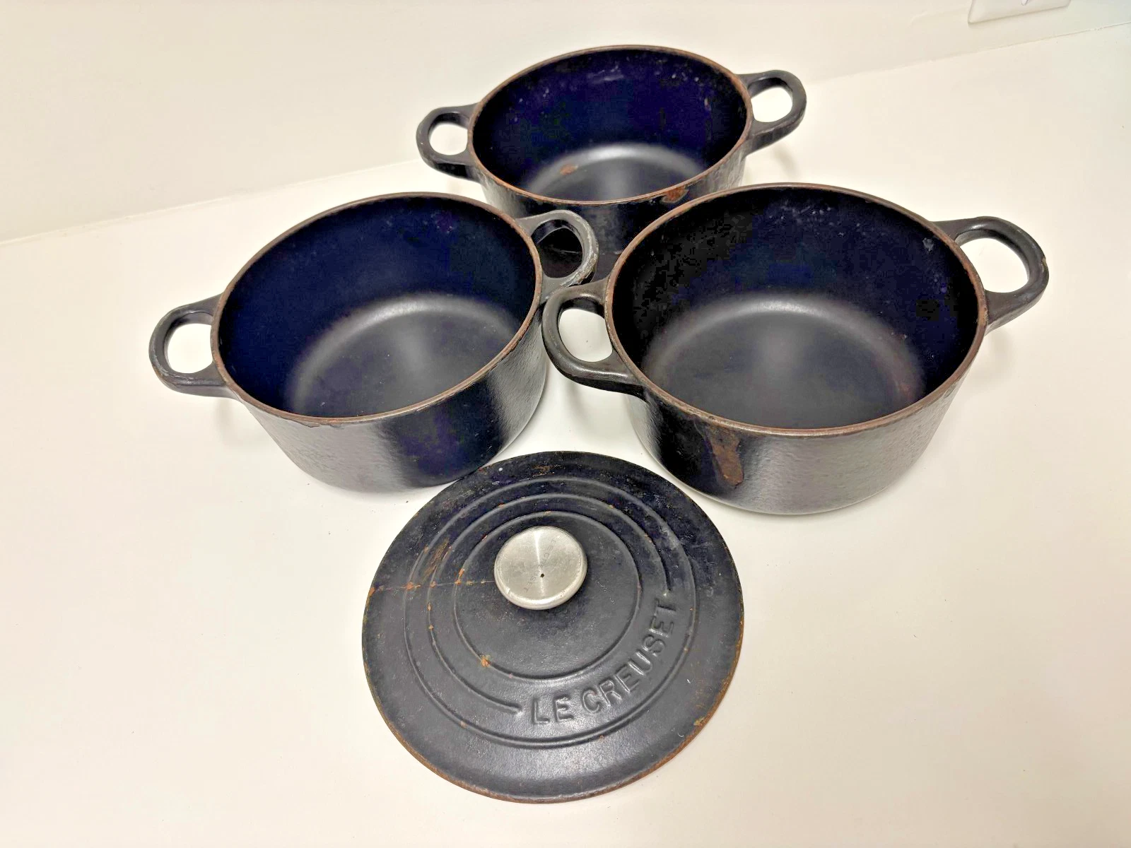 Lot of 3 Vintage Le Creuset Dutch Ovens Pots 1.25 Quart #16 Matte Black 1.3L