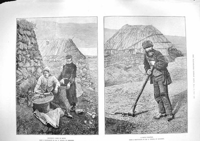 Original alter antiker Druck 1888 Mahlen Mais Skye Crofter Landwirtschaft Bauer