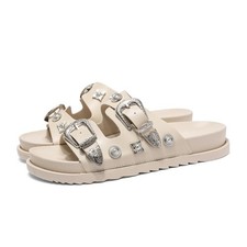 Womens Summer Sliders Sandals Buckle Studs Flat Slip On Chunky Flatform Shoes