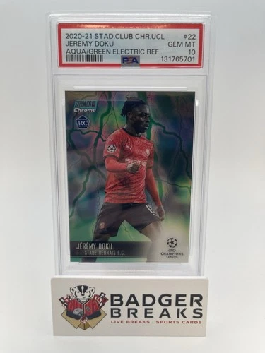 2020-21 Topps Stadium Club Chrome UCL Jeremy Doku RC #22 Aqua Green /150 PSA 10