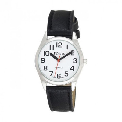 Uhr schwarz silber 31 mm PU-Armband rund weißes Zifferblatt leicht ablesbar analog kräftige Zeiger.