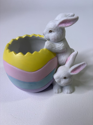 AGC Pottery Votive Candle Holder Easter Design Vintage Egg w/ Rabbits 4''H