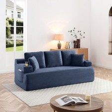 Blue Corduroy Boneless Sofa 3-Seater w/ Cup Holders  Side Pockets, No Assembly