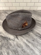 Vintage Wool Gray Fedora Hat Stetson Brand With Braided Band with Feather Size L
