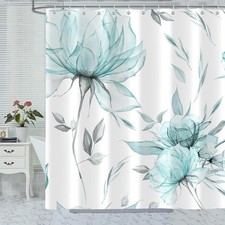 Teal Grey Watercolor Floral Shower Curtain, Flower Leaves Minimalist Aestheti...