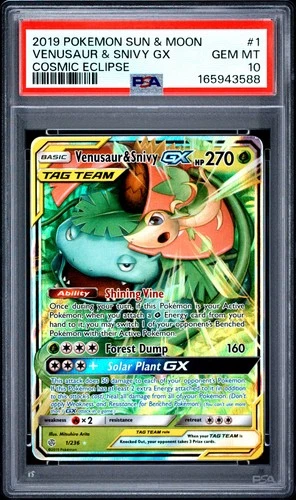 2019 POKEMON SUN & MOON COSMIC ECLIPSE #1 VENUSAUR & SNIVY GX PSA 10