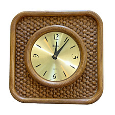 Vintage Square Syroco Wall Clock Faux Wood Basket Weave Made in USA Plastic MCM