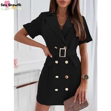 Women Double Breasted Long Blazer Suit Jacket Slim Outerwear Office Coat Dresses