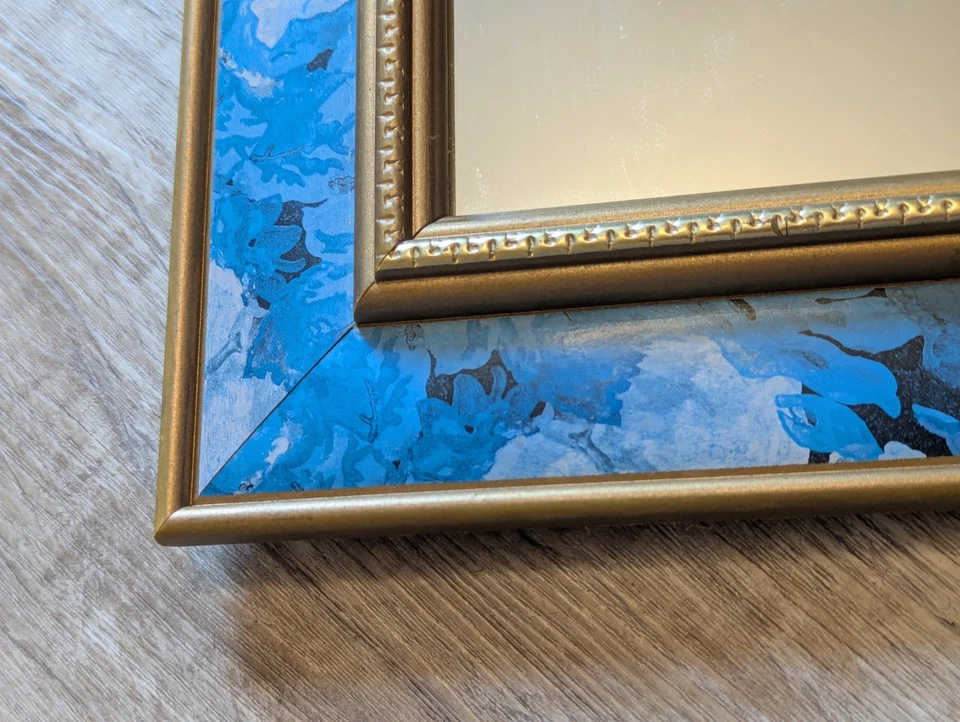 Vintage Wall Mirror Blue Floral and Gold Framed MCM  - Image 4 of 4