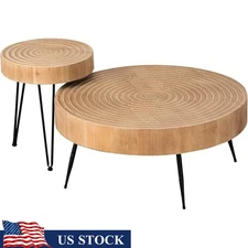 Rustic Distressed 2 Piece Coffee Table Set W/ Black Metal Legs Vintage Style New