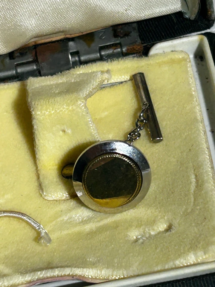 Abotoaduras redondas ANSON 925 prata esterlina vintage ouro rosto com aderência de gravata correspondente - Imagem 4 de 4