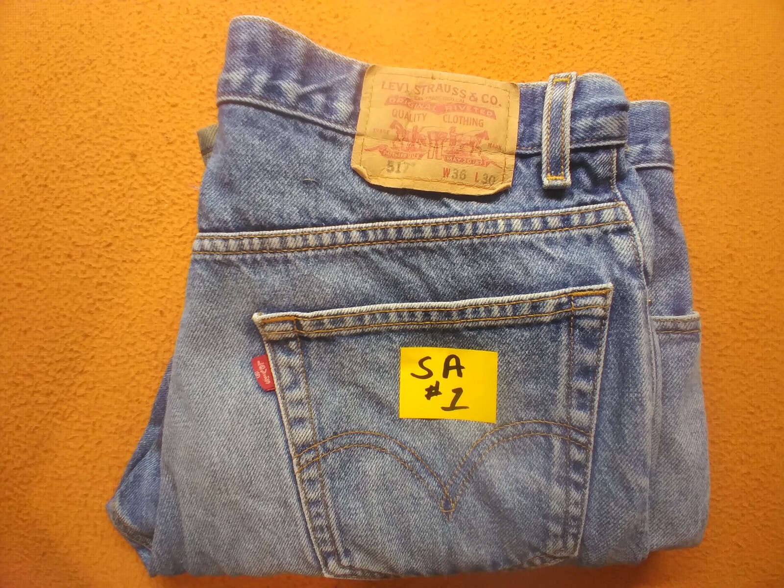 Levis 517 Bootcut Jeans 36x30 Blue Denim Button Zip  Distressed Knee Patches