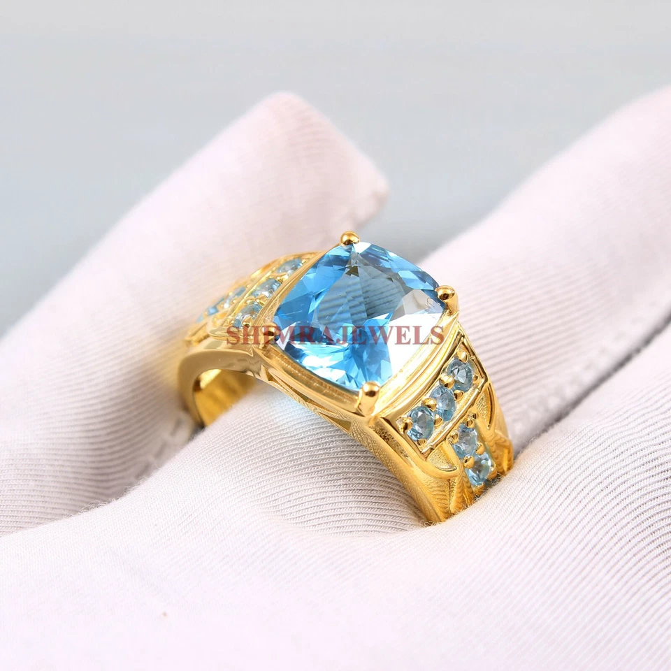 Anillo para hombre de plata de ley 925 chapado en oro con piedras preciosas de topacio azul natural #258 Foto 3 de 3
