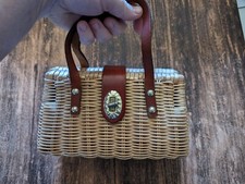 Vintage 1960's Handmade In British Hong Kong Wicker Purse HandBag Leather Handle
