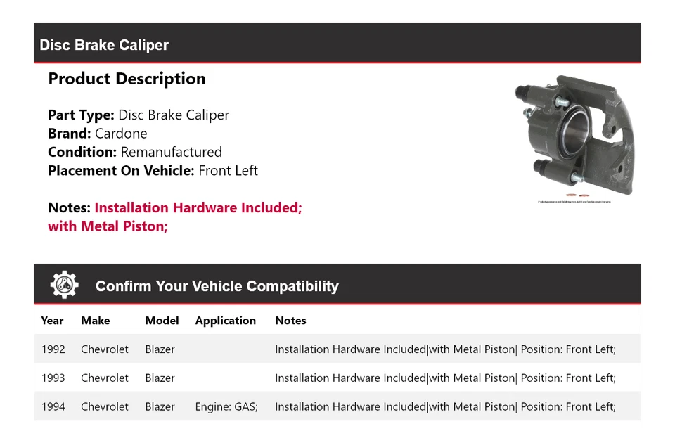 For 1992-1994 Chevrolet Blazer Disc Brake Caliper Front Left Cardone 1993 - Image 2 of 4