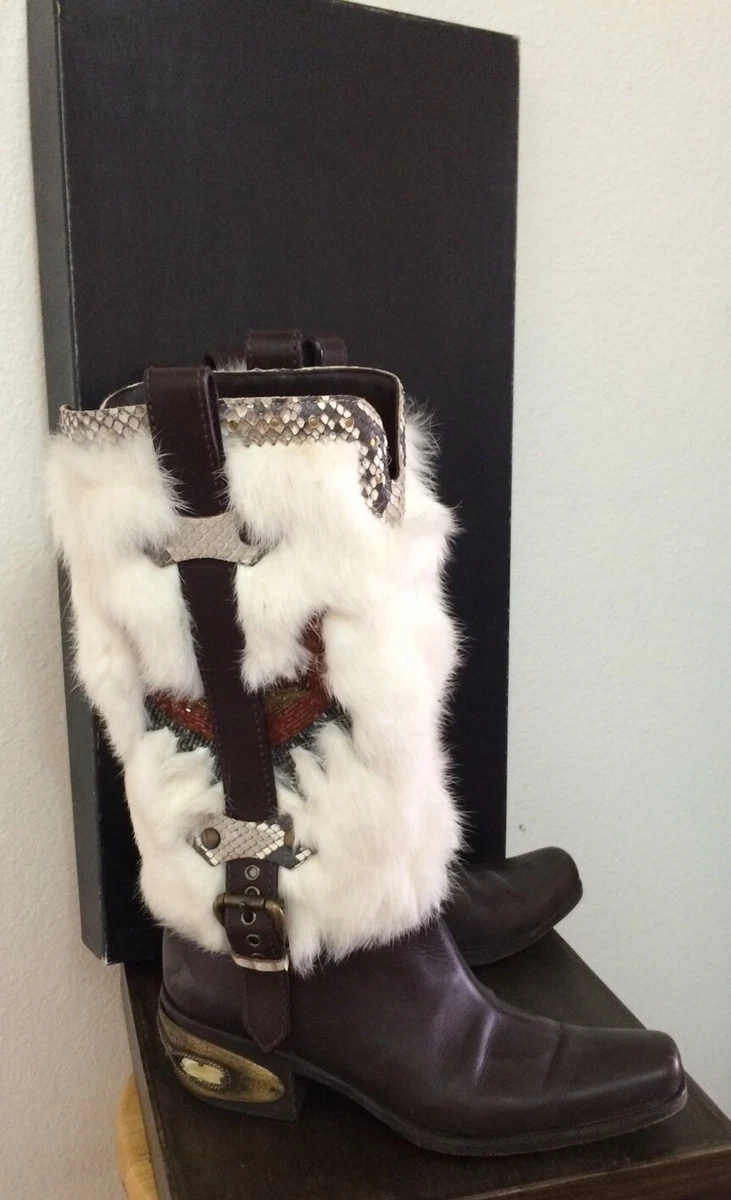 Giuseppe Zanotti Brown White Jewel Detail Fur Cowboy Boots eBay