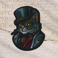 Cat Patch Iron-on Applique Steampunk Retro Top Hat Suit Sci-Fi Fantasy Badge