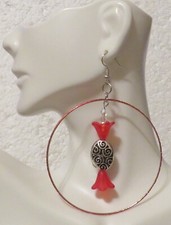 Red Hoop Earrings Decorative Oval Drop Red Flower Bell Accents 3" Hook
