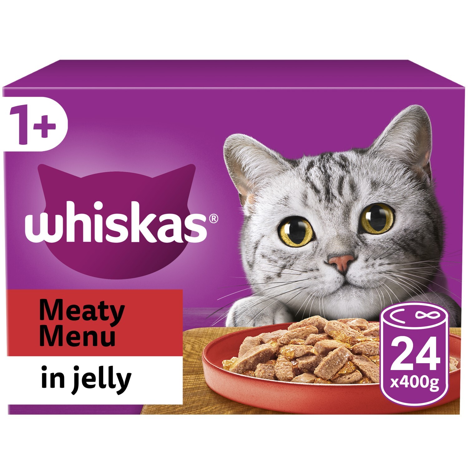 24 x 400g Whiskas 1+ Adult Cat Food Tins Mixed Meaty Menu in Jelly