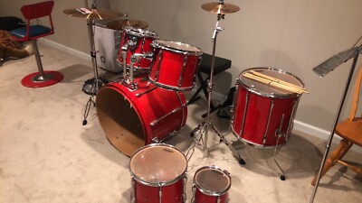 90 s Pearl 7pc Export Series Drum Set Kit Vintage Red Lacquer With Cymbals