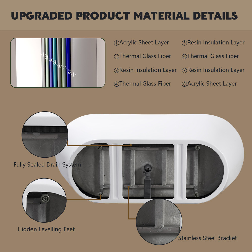 67" Freestanding Acrylic Bathtub Stand Alone Soaking Tub Oval Shape Tub w/ Drain