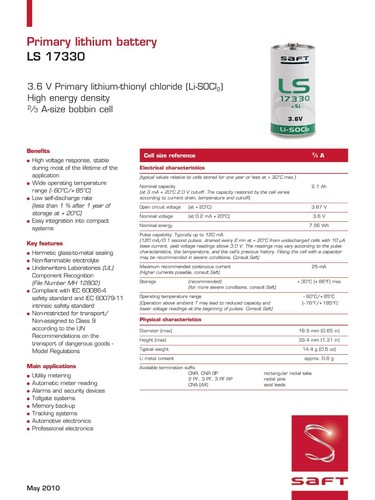 SAFT batteria al litio 2/3A LS17330 3,6V 2,1Ah Li-SOCl2 Ø16,5x33 mm - Foto 2 di 3