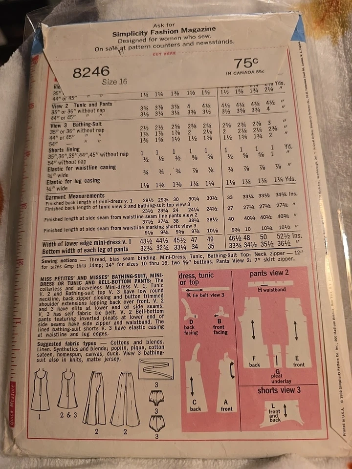 Bathingsuit Dress Tunic Pants Bell Bottom Sz 16 C Simplicity 8246 Sewing Pattern - Image 2 of 2