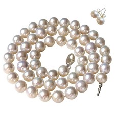 16 Inch Choker SET ROUND 8-9mm White Pearl Necklace Earrings Cultured Freshwater
