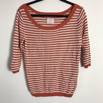 Quiksilver Knit Striped Sweater- 3/4 Sleeve- Orange & White- Size Medium