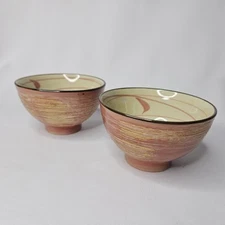 2 Ceramic Bowls Textured Swirl Glaze Coral Pink & Yellow 10oz Set Ramen Soup Tea