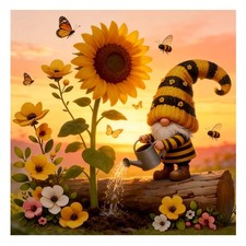 Gnome with Sunflowers Diamond Art Kits for Adults, Cute Gnome Diamond Painting