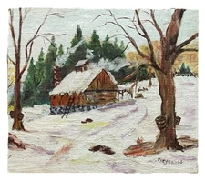 VINTAGE ANTIQUE AMERICAN FOLK ART PRIMITIVE CABIN LANDSCAPE OIL PAINTING