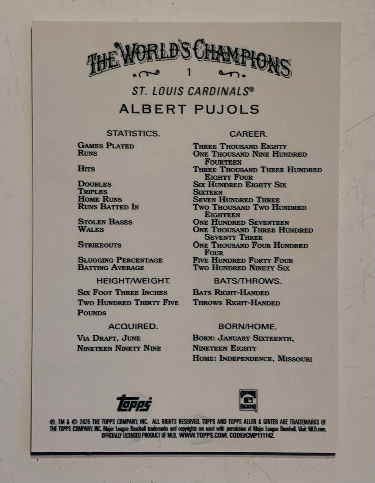 Карта 2025 Topps Allen & Ginter Albert Pujols 1! 🔥 Золотой хром /50 - Изображение 2 из 3
