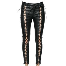 Women's Lace-Up Real Black Leather Pants High Waist Skinny-Fit Gothic Legg