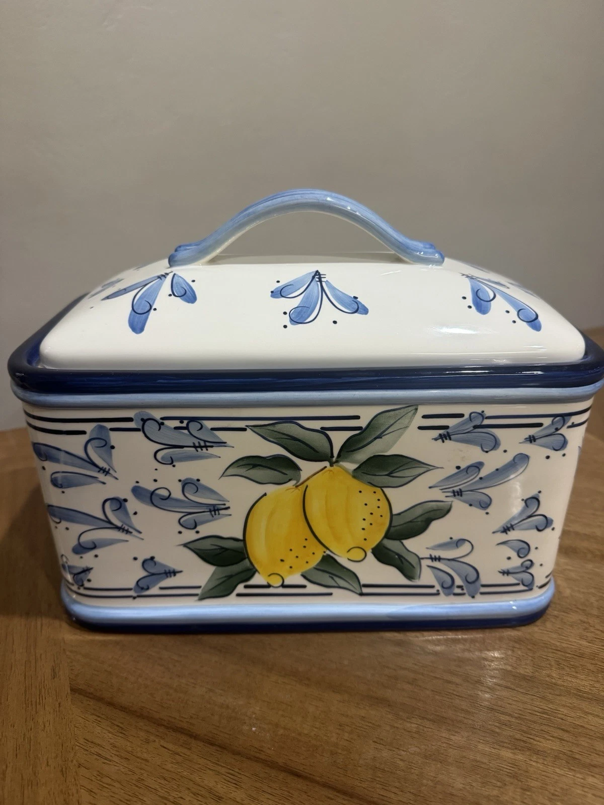 Inspirado Stoneware Bread Box W/Lemons Design Blue & White Cookie Biscotti Jar
Opens in a new window
